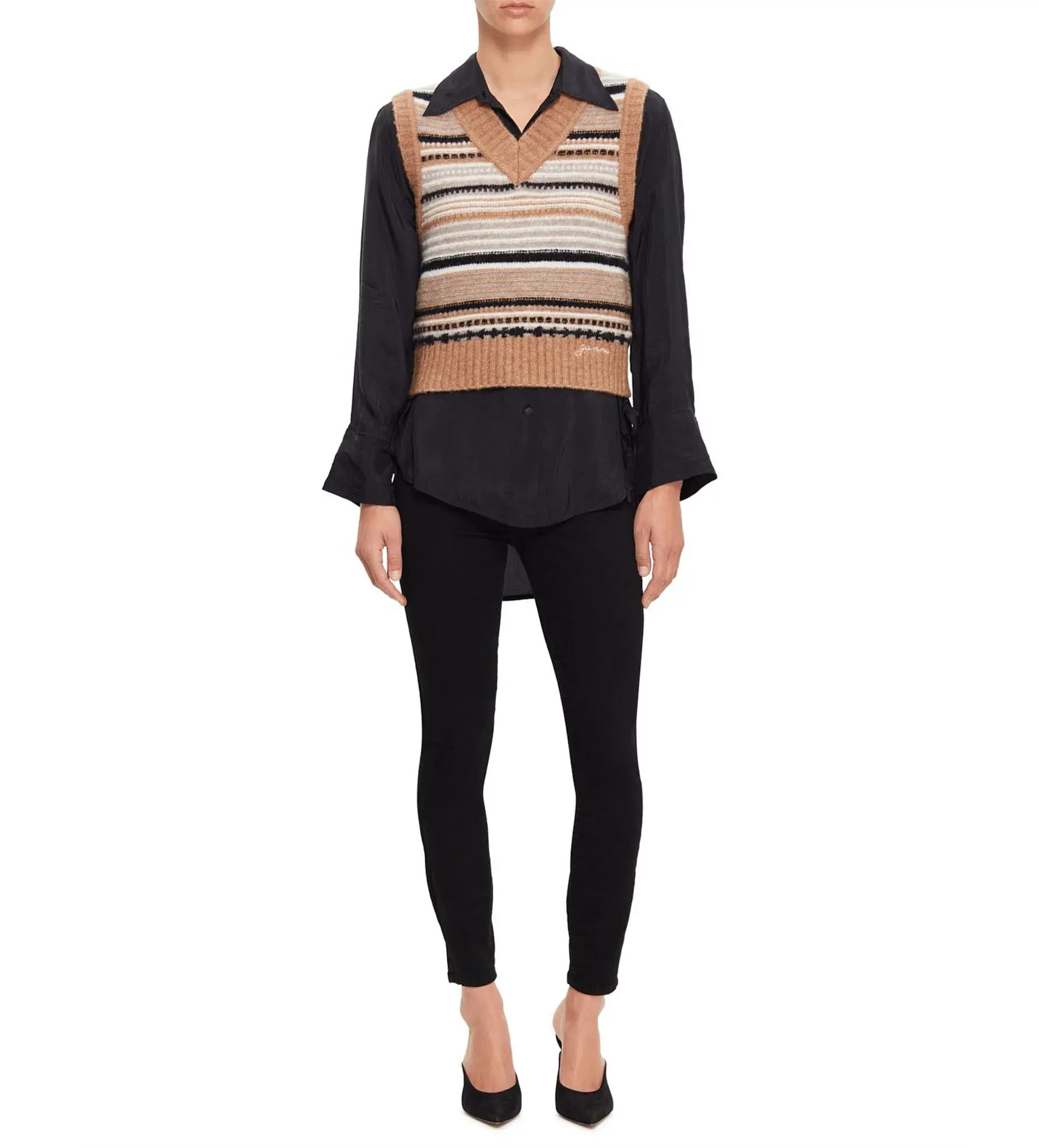 Ganni V-Neck Soft Wool Stripe Sleeveless Vest Size L/ AU 12  - Image 3