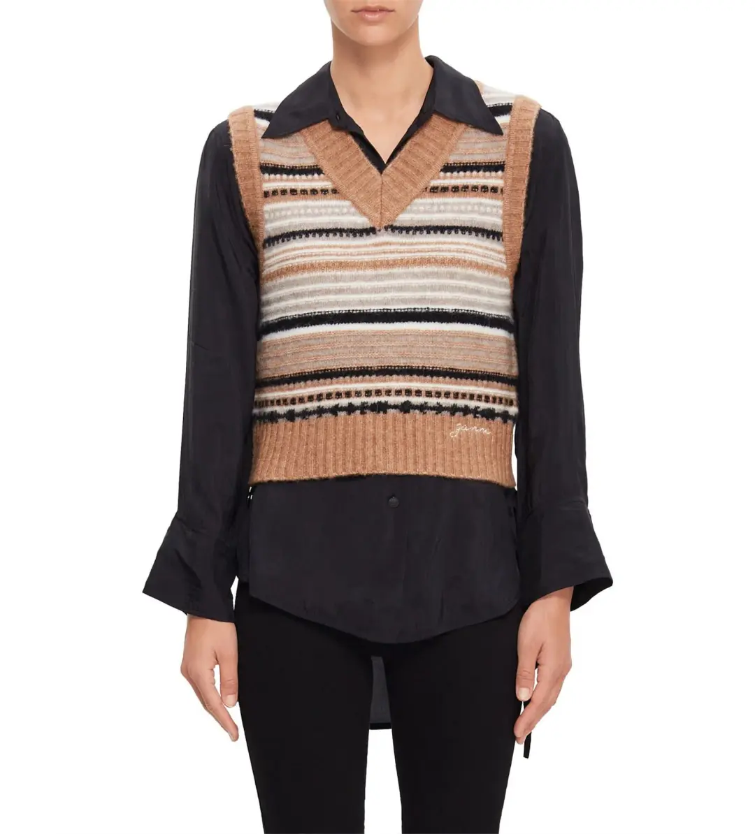 Ganni V-Neck Soft Wool Stripe Sleeveless Vest Size L/ AU 12  for rent on The Volte - main image