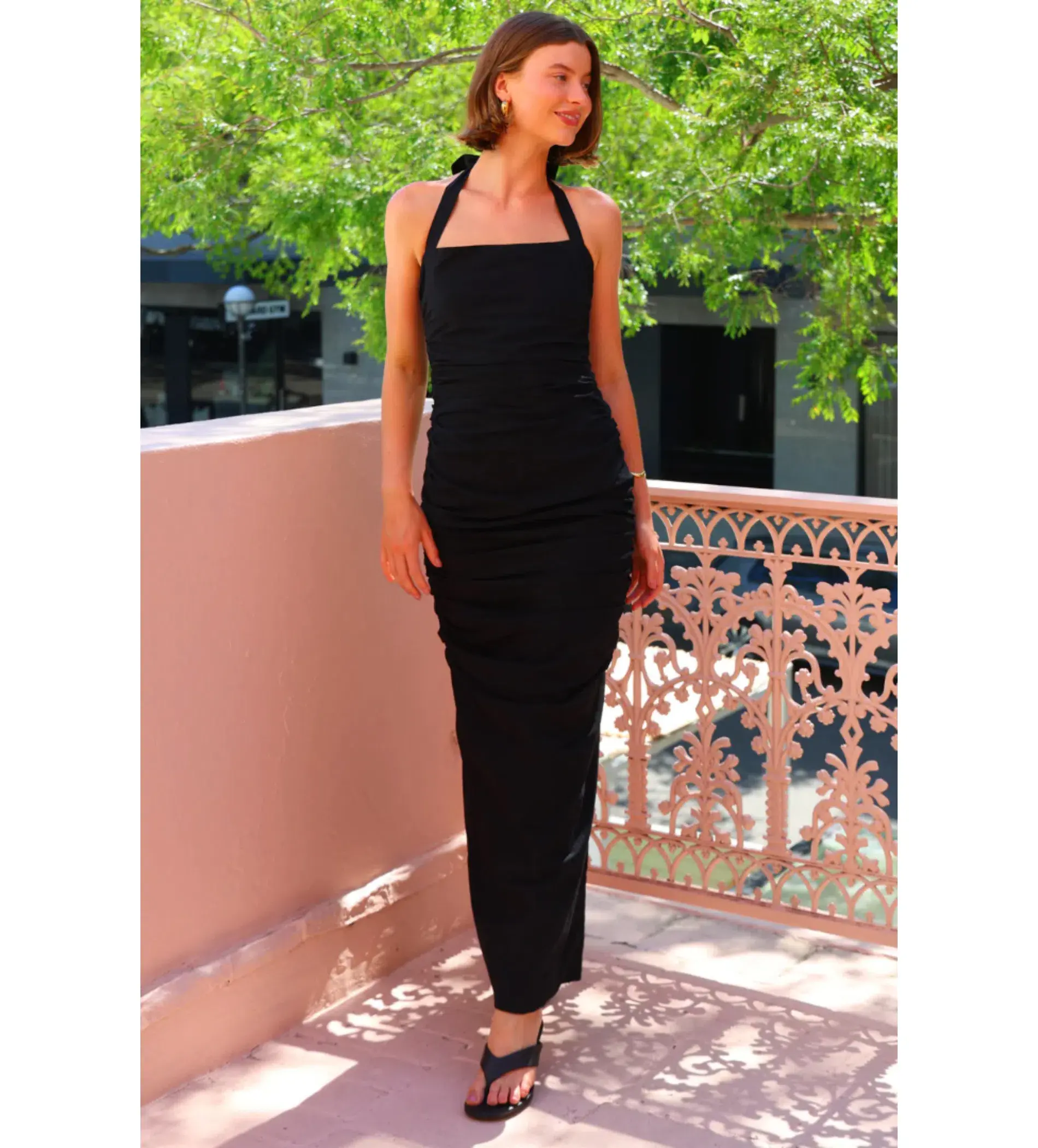 By Nicola Bay Linen Halter Neck Gathered Dress in Black AU 8 - Image 2