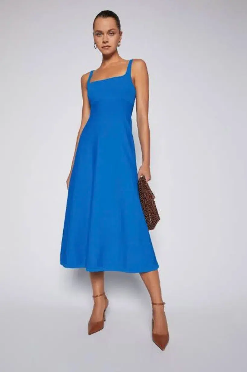 Scanlan Theodore Crepe Knit Square Neck Dress in Prussian Blue Size 8 - Image 1