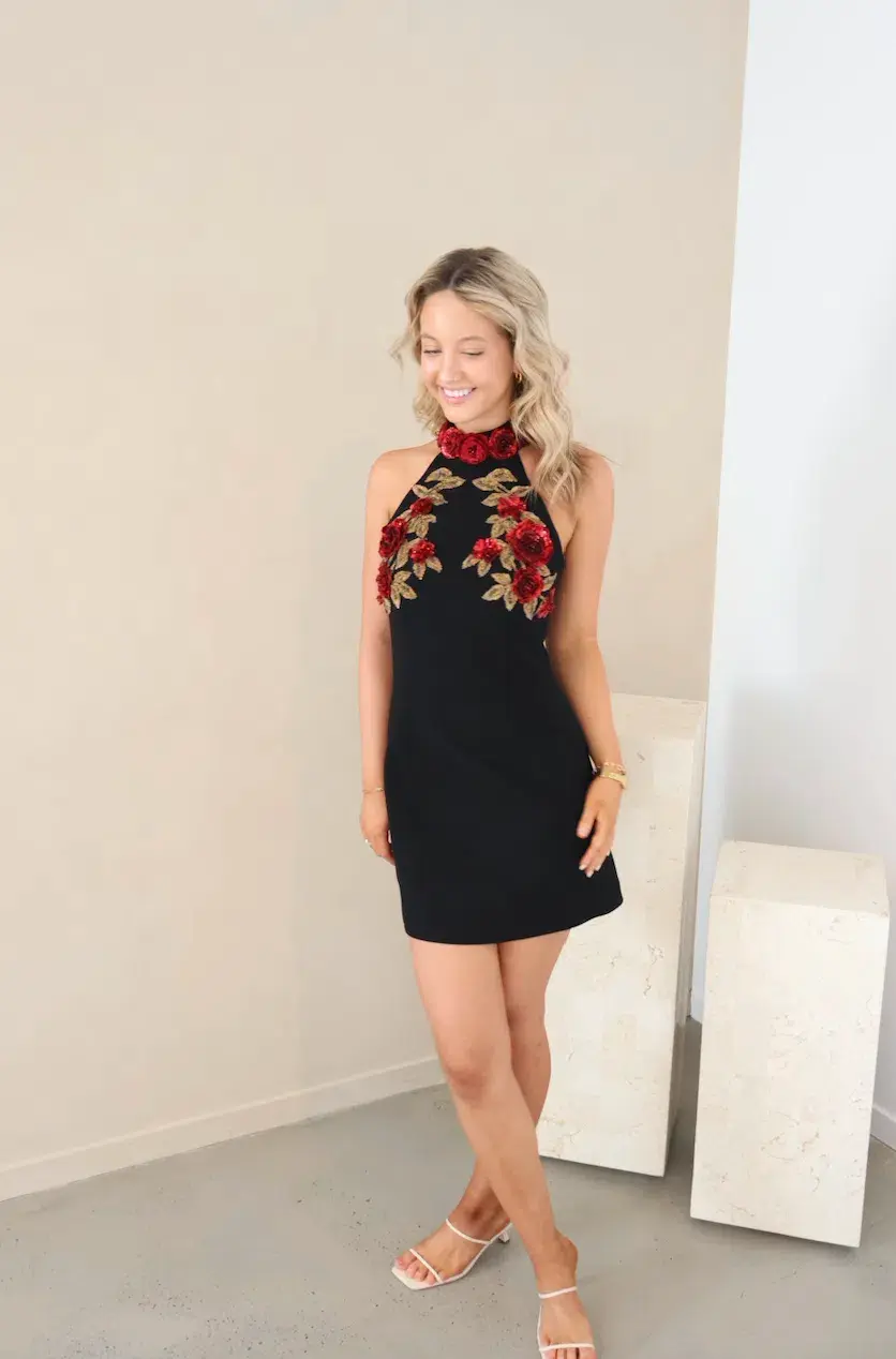 Rebecca Vallance Rosetta Halter Mini Dress Black Size 8 for rent on The Volte - main image