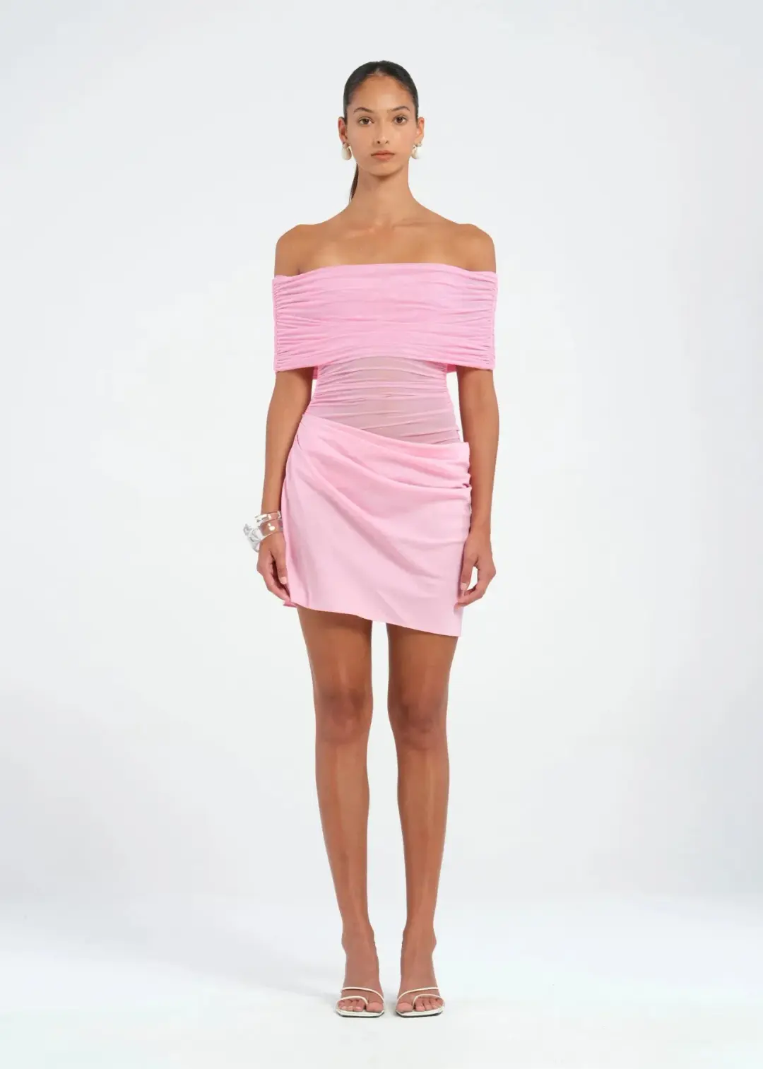 BENNI Nico Off-shoulder Mini Dress in Buttergum Size S / AU 8 for rent on The Volte - main image