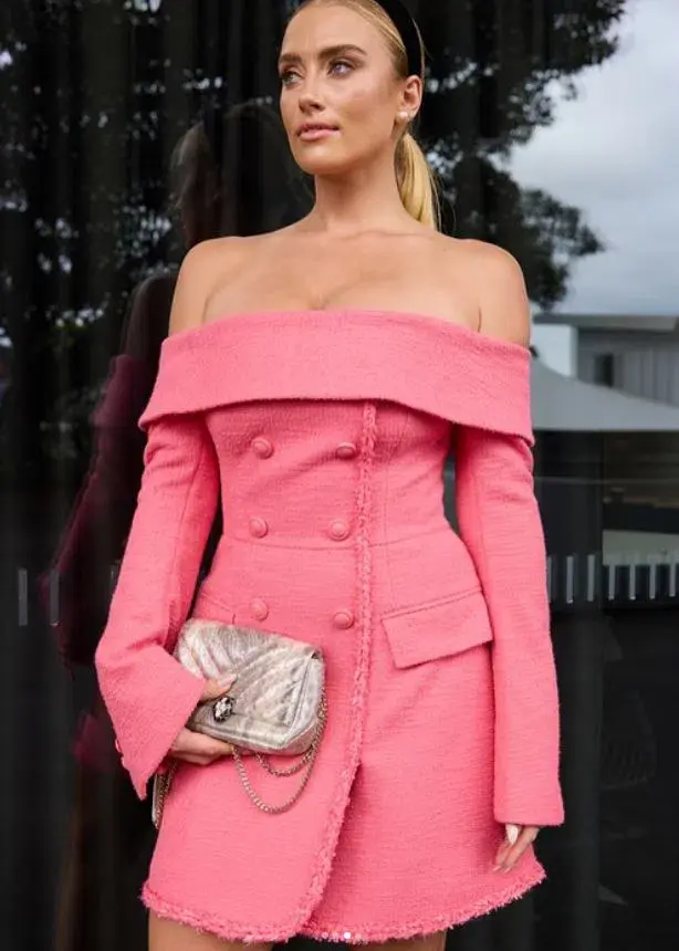 Rebecca Vallance Montana Off the Shoulder Mini Dress Pink Size 10 for rent on The Volte - main image