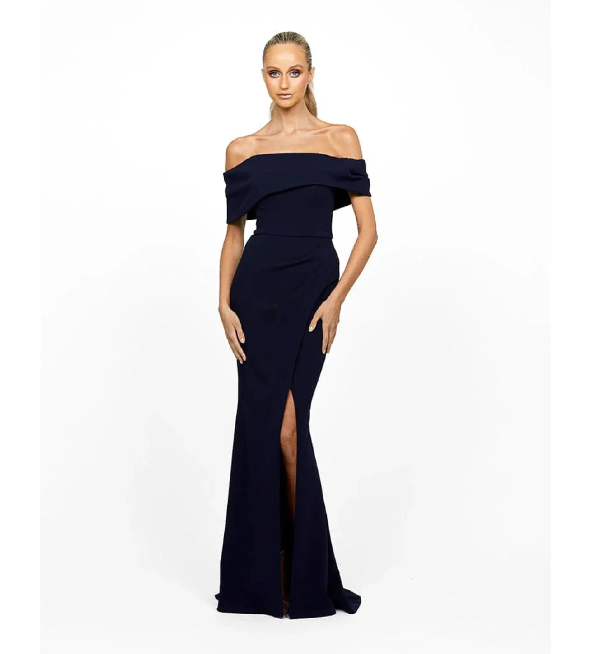Bariano Candlelight Off Shoulder Maxi Gown Navy Size 12 - Image 1