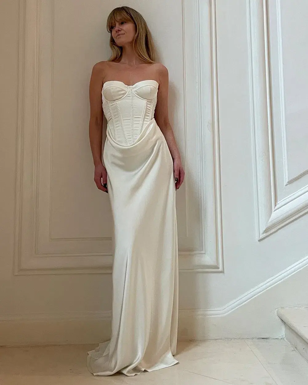 Rotate by Birger Christensen Satin Pearl Corset Dress in White Size 34 / AU 6  - Image 1