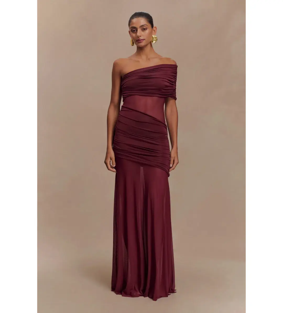 Meshki Dallas One Shoulder Mesh Maxi Dress Burgundy Size AU 8 for rent on The Volte - main image
