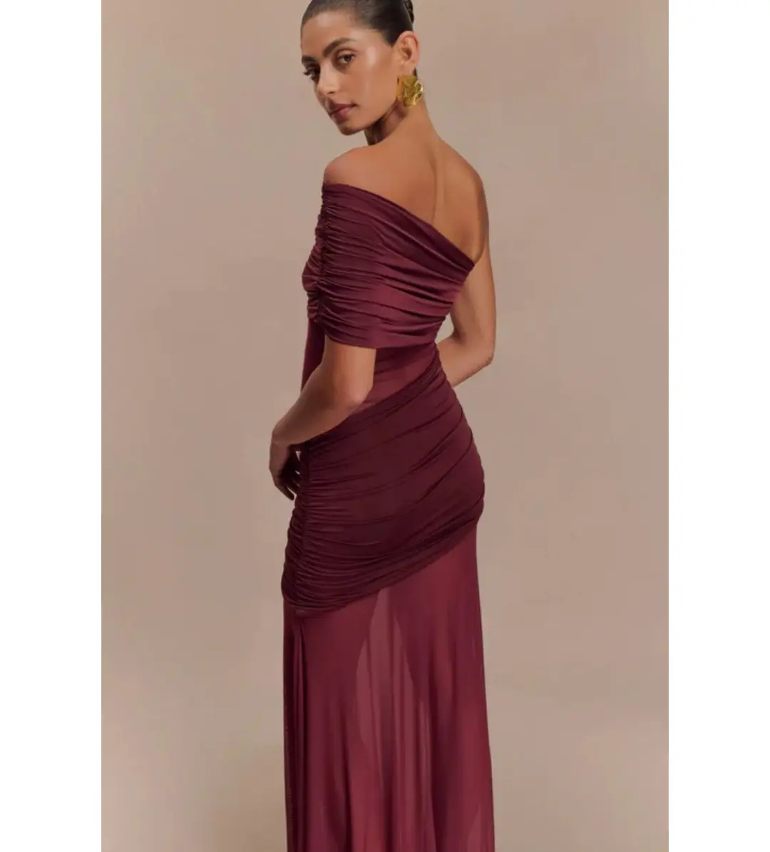 Meshki Dallas One Shoulder Mesh Maxi Dress Burgundy Size AU 8 for rent on The Volte - main image