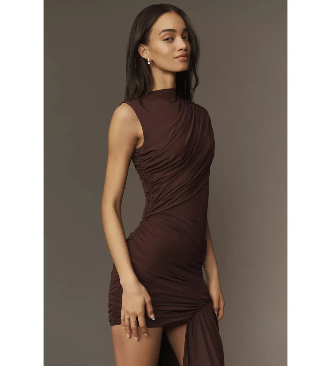 De La Vali Ravenna Mini Dress Chocolate Brown Jersey Size 8 for rent on The Volte - main image