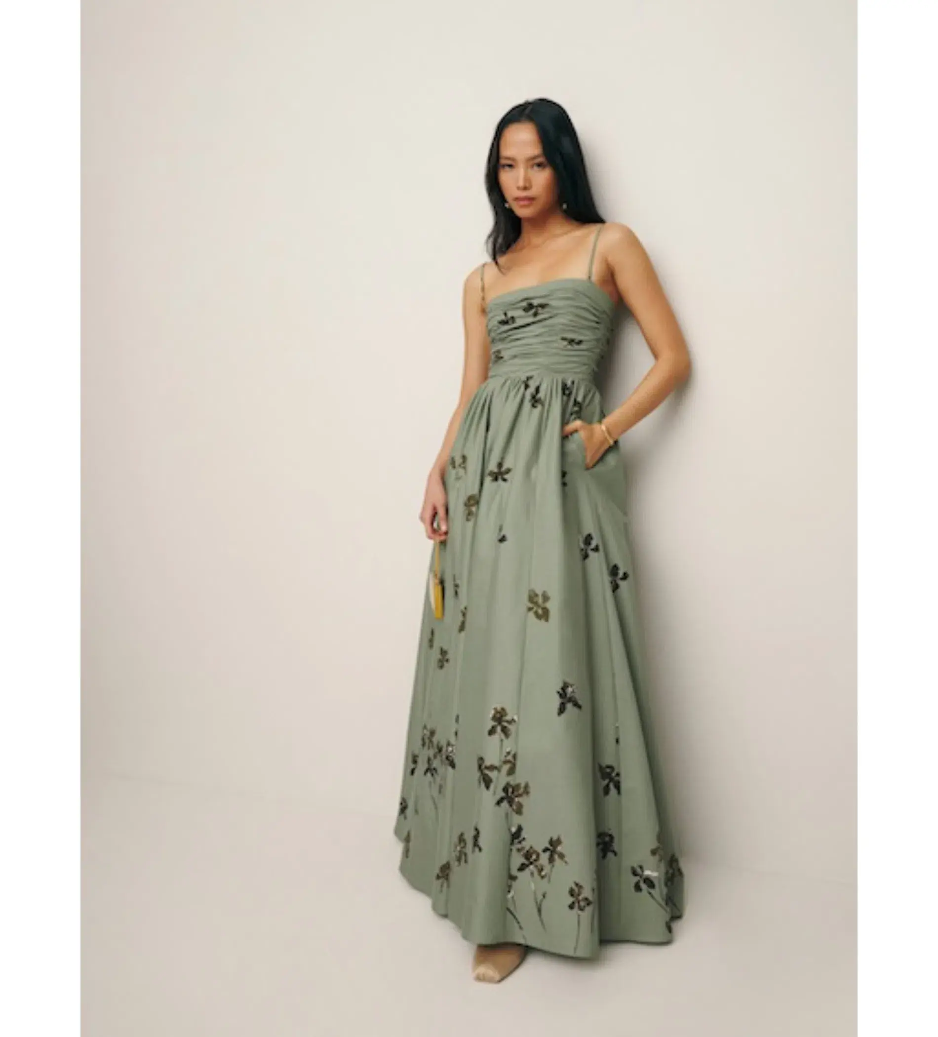 Reformation Kastoria Ruched Maxi Dress in Green/Iris Border Size 0/AU 6 - Image 1