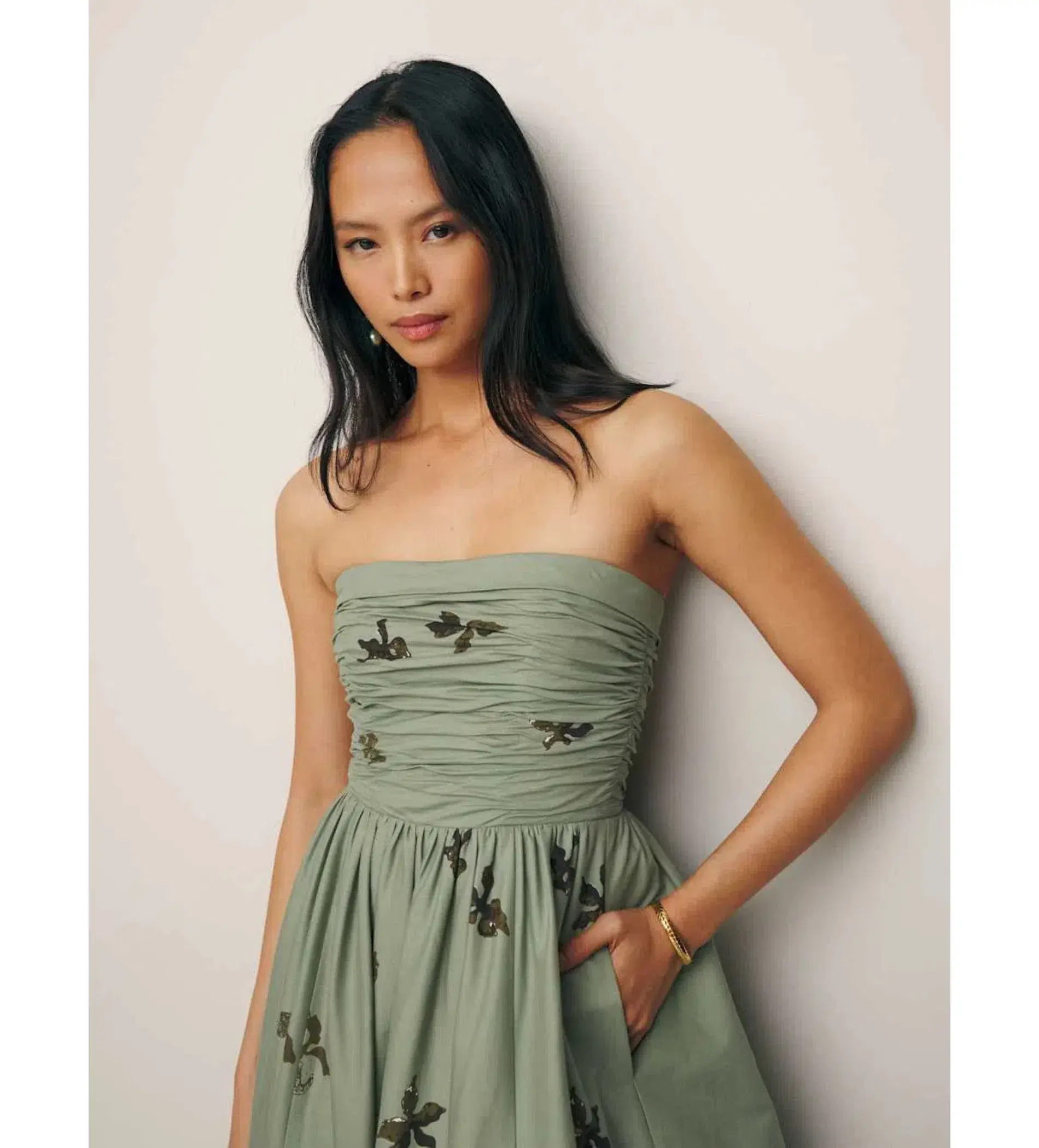 Reformation Kastoria Ruched Maxi Dress in Green/Iris Border Size 0/AU 6 - Image 5