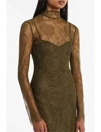 Carla Zampatti Juniper Chantilly Lace Sleeved Gown Olive Size 14 for rent on The Volte - main image