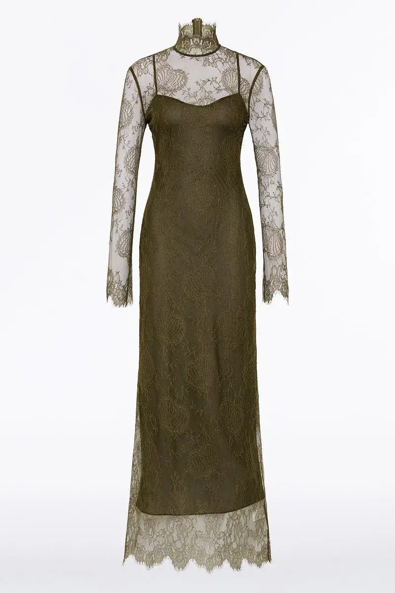 Carla Zampatti Juniper Chantilly Lace Sleeved Gown Olive Size 14 for rent on The Volte - main image