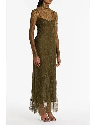 Carla Zampatti Juniper Chantilly Lace Sleeved Gown Olive Size 14 for rent on The Volte - main image