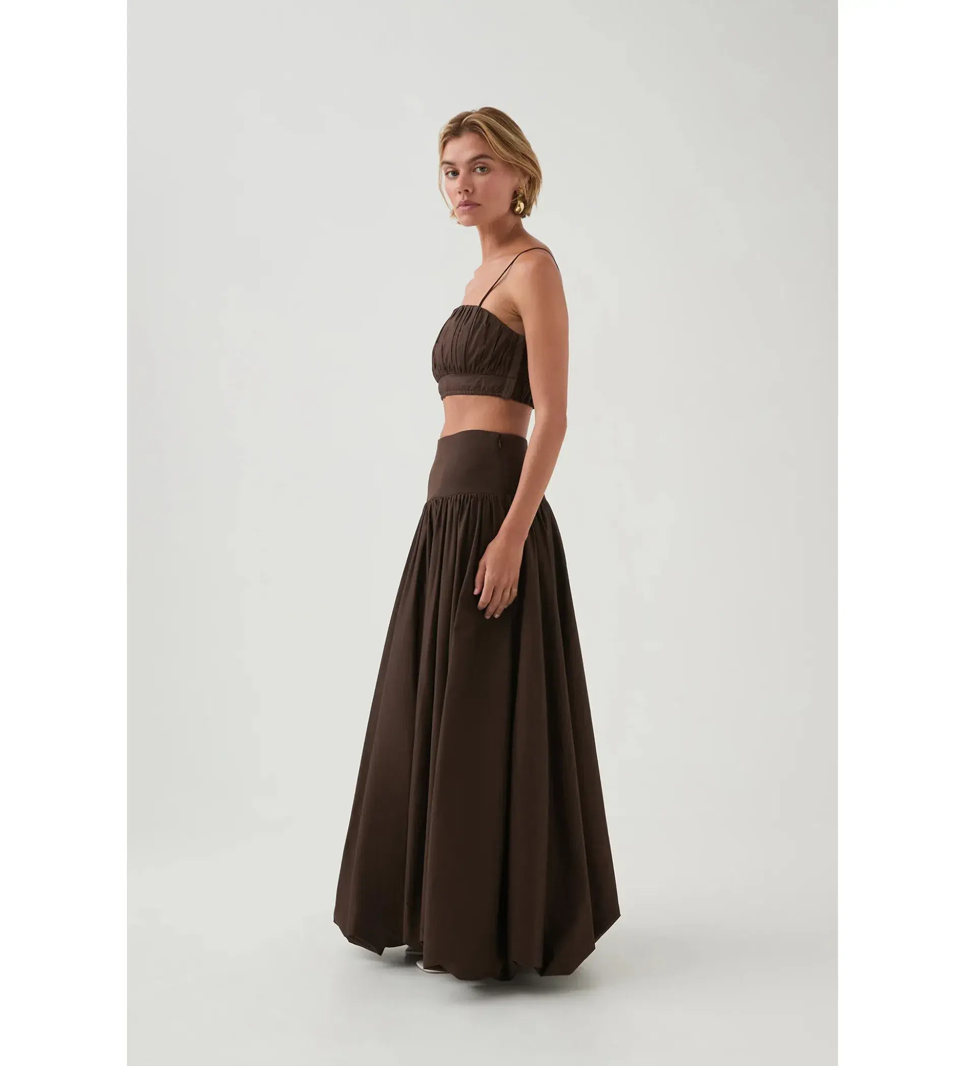 Aje Havana Ruched Top & Bubble Midi Skirt Set in Chocolate Size 6 - Image 2