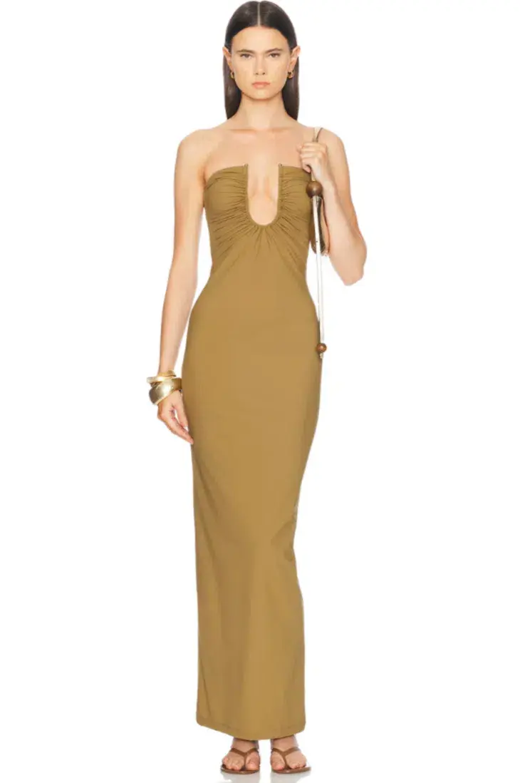 Christopher Esber Arced Ruched Lycra Maxi Dress Kombu Green Size AU 4 - Image 1