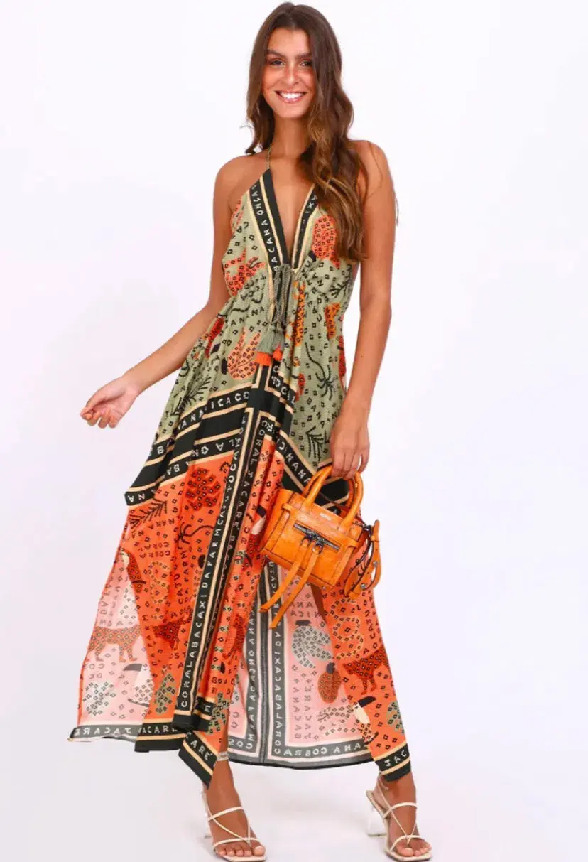 Farm Rio Tropical Print Brazil Maxi Halter Neck Dress Size AU 10 - Image 1