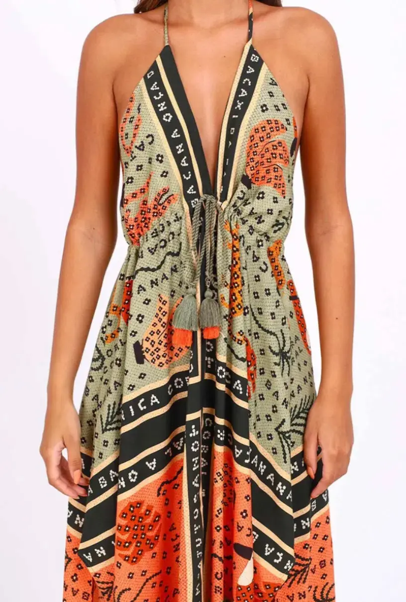 Farm Rio Tropical Print Brazil Maxi Halter Neck Dress Size AU 10 - Image 3