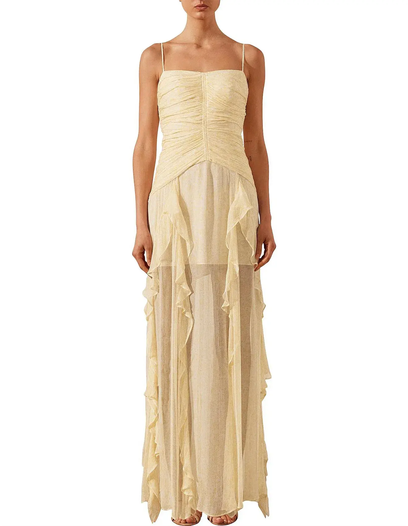 Shona Joy Gina Ruched Frill Maxi Dress in Limoncello Size 8 - Image 1