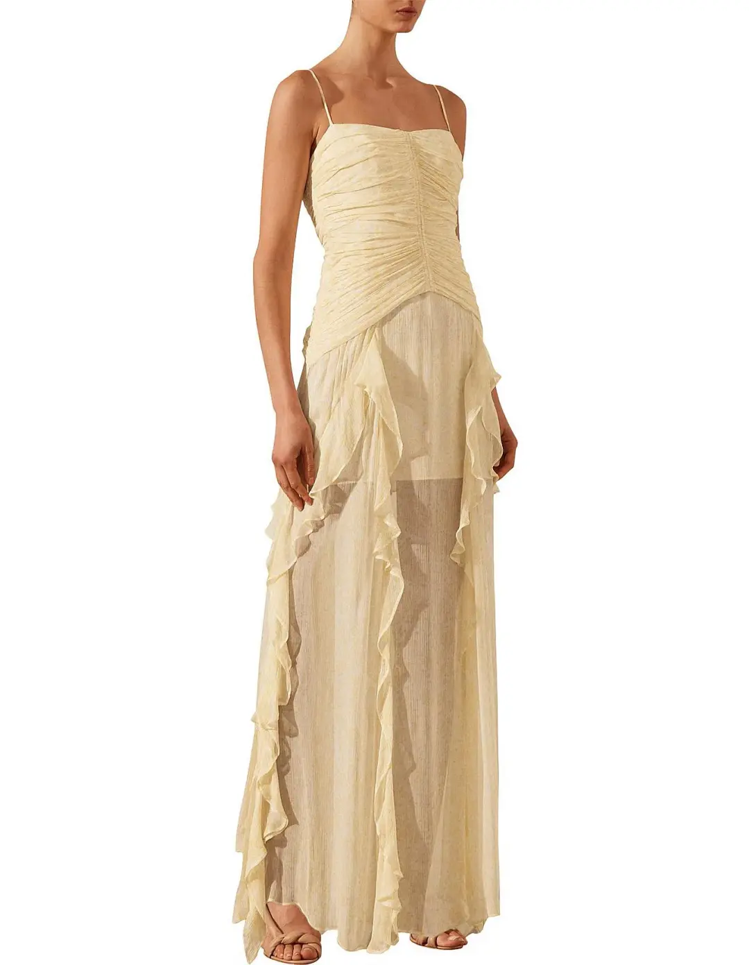 Shona Joy Gina Ruched Frill Maxi Dress in Limoncello Size 8 for rent on The Volte - main image