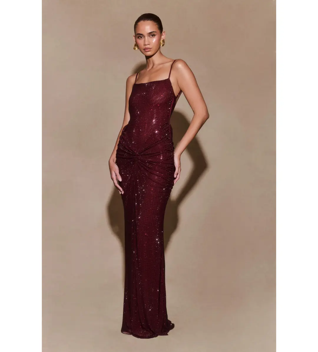 Meshki Roisin Diamante Satin Maxi Dress Mahogany AU 4  for rent on The Volte - main image
