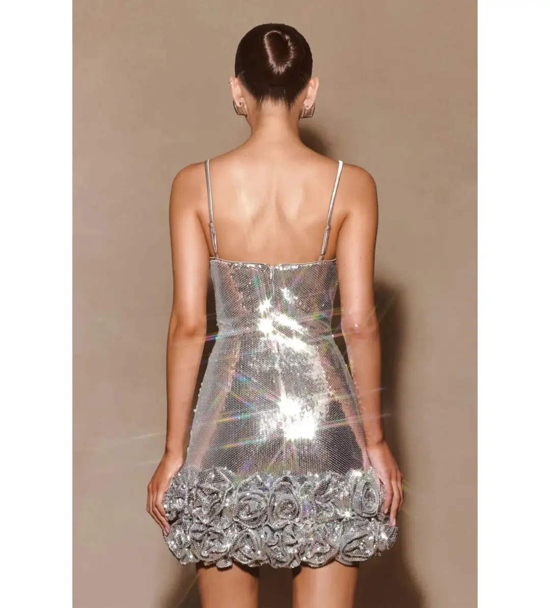 Meshki Faye Sequin Flower Mini Dress Silver Size AU 8 for rent on The Volte - main image