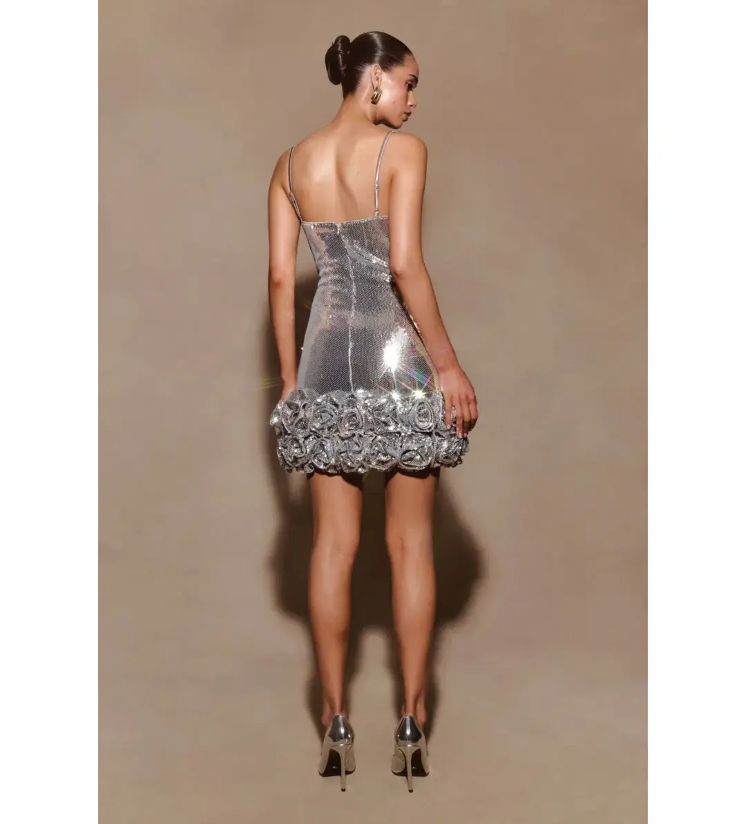 Meshki Faye Sequin Flower Mini Dress Silver Size AU 8 for rent on The Volte - main image