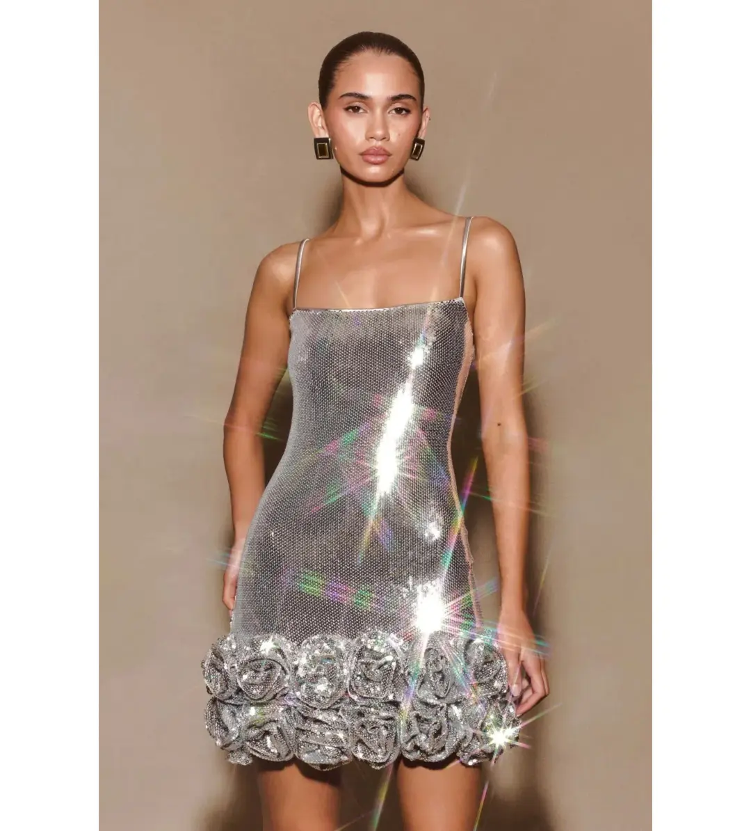 Meshki Faye Sequin Flower Mini Dress Silver Size AU 8 for rent on The Volte - main image