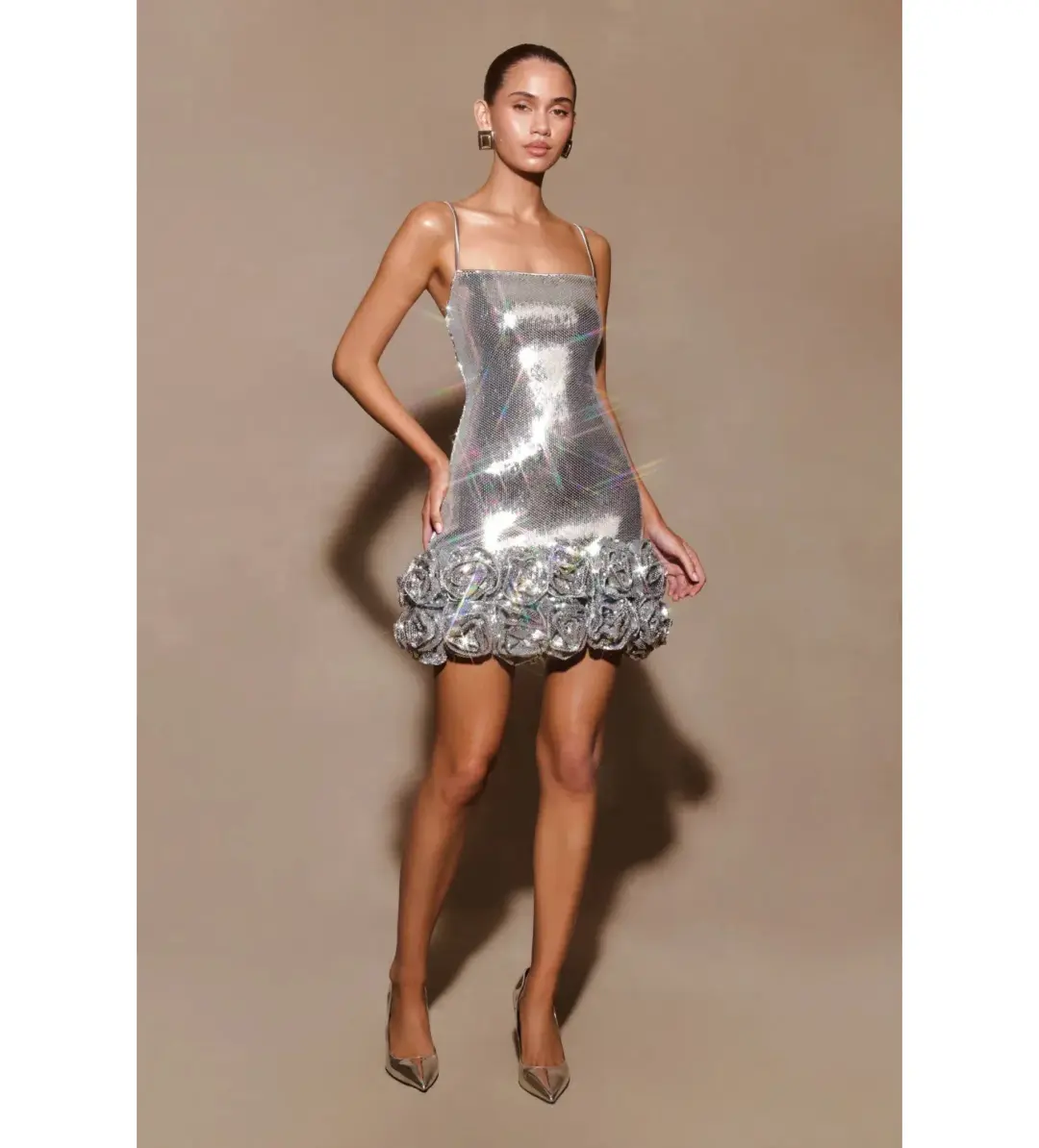 Meshki Faye Sequin Flower Mini Dress Silver Size AU 8 for rent on The Volte - main image