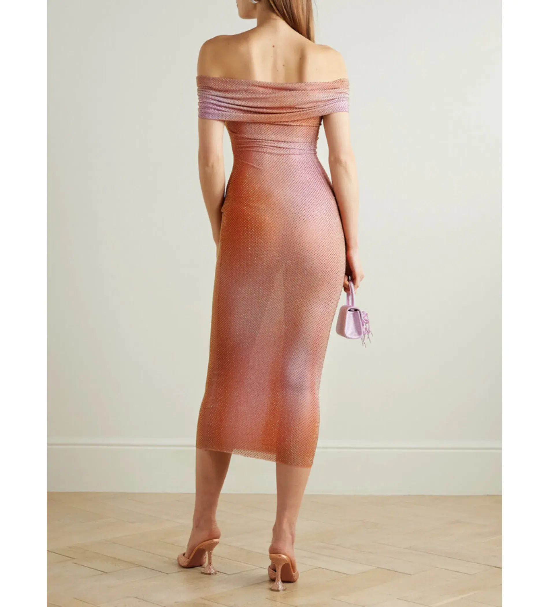 Self Portrait Off The Shoulder Crystal Embellished Stretch Tulle Midi Dress Orange Size 8 - Image 3