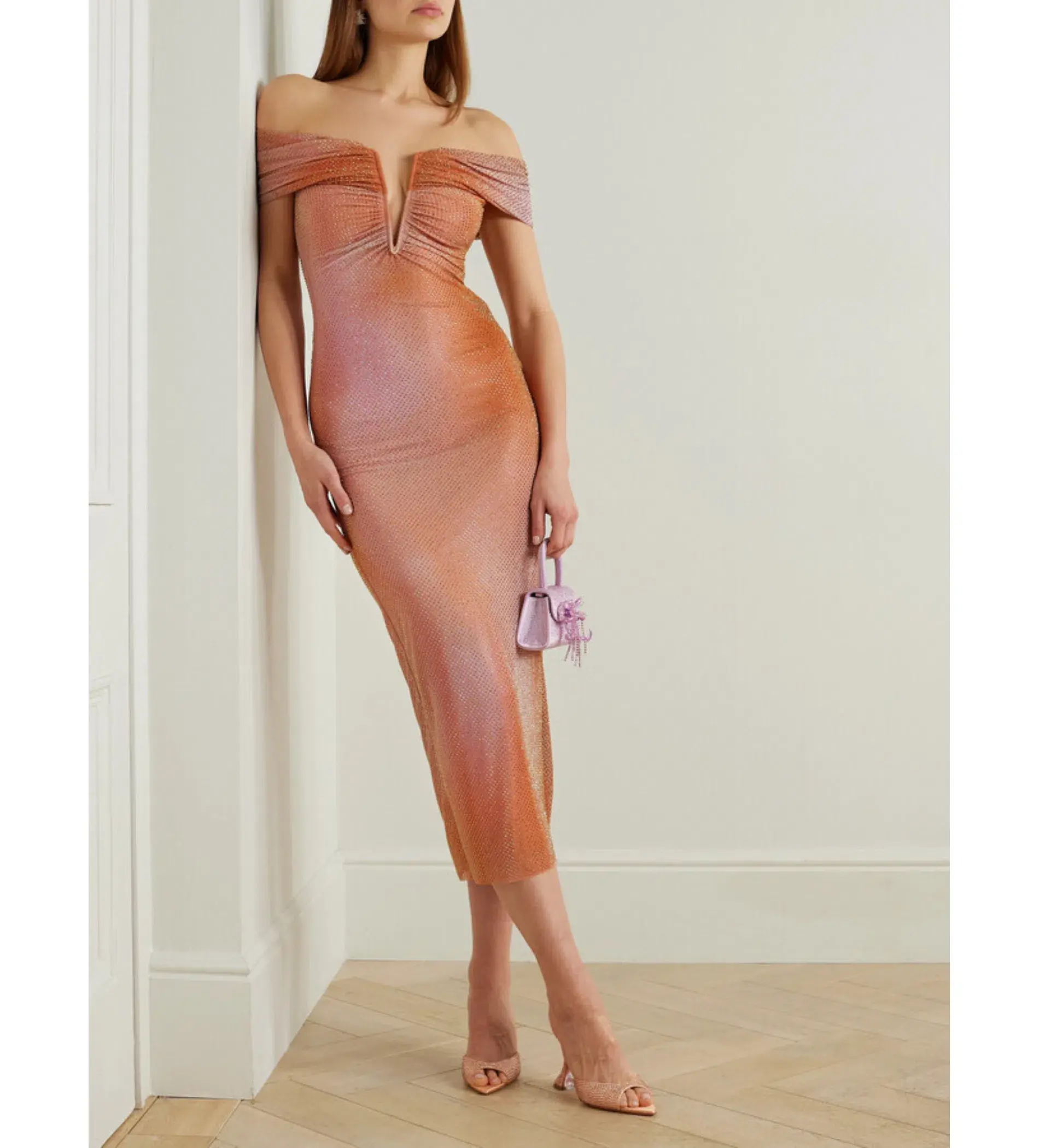Self Portrait Off The Shoulder Crystal Embellished Stretch Tulle Midi Dress Orange Size 8 - Image 2