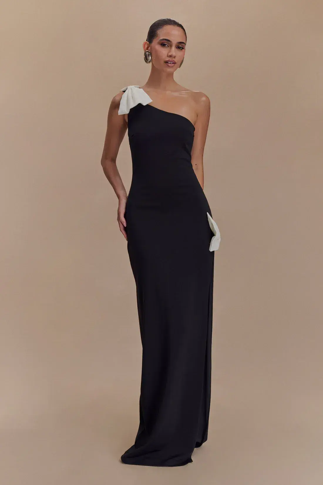 Meshki Hallie One Shoulder Bow Maxi Dress Black/White Size 8 - Image 4