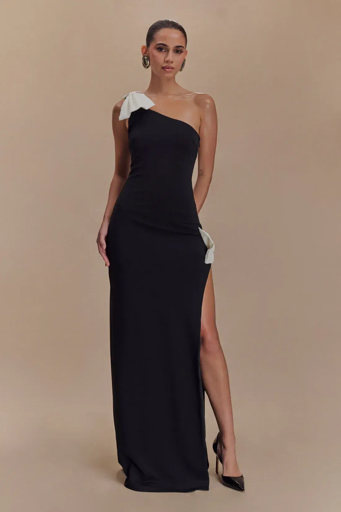 Meshki Hallie One Shoulder Bow Maxi Dress Black/White Size 8 - Image 1