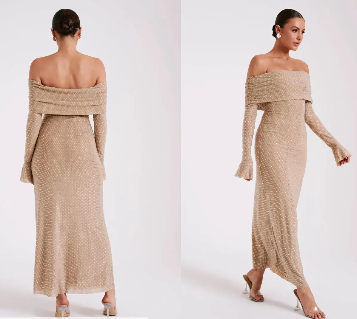 Marcel Off Shoulder Diamante Maxi Dress Nude Size 6/XS - Image 1