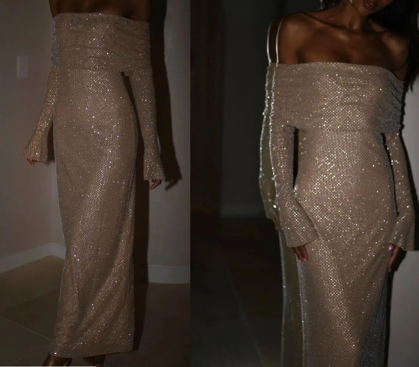 Marcel Off Shoulder Diamante Maxi Dress Nude Size 6/XS - Image 2