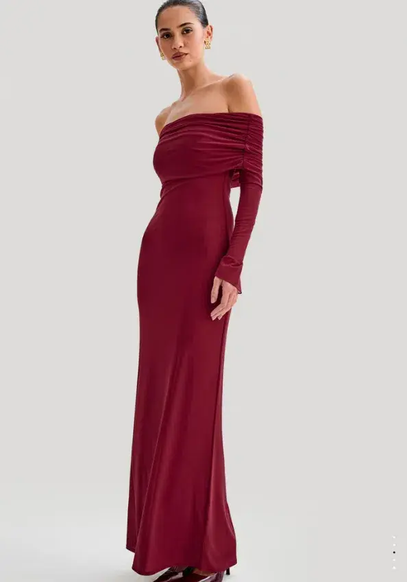 Meshki Josie Off Shoulder Mesh Maxi Dress Burgundy Size 10 for rent on The Volte - main image