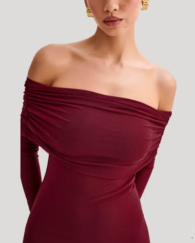 Meshki Josie Off Shoulder Mesh Maxi Dress Burgundy Size 10 - Image 3