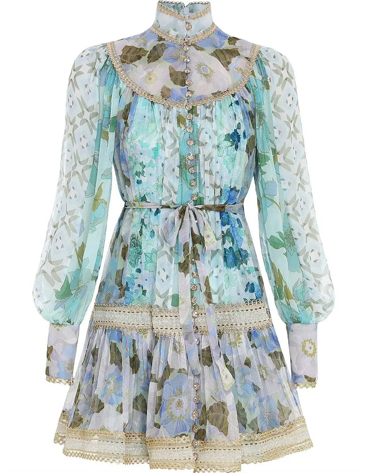 Zimmermann Rhythm Trimmed Billow Mini Dress in Aqua Mixed Print Size AU 8 - Image 3