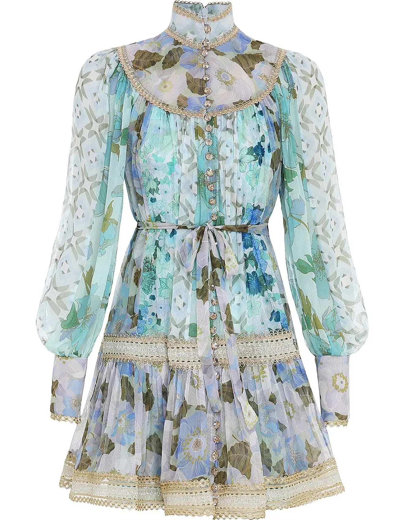 Zimmermann Rhythm Trimmed Billow Mini Dress in Aqua Mixed Print Size AU 8 - Image 3