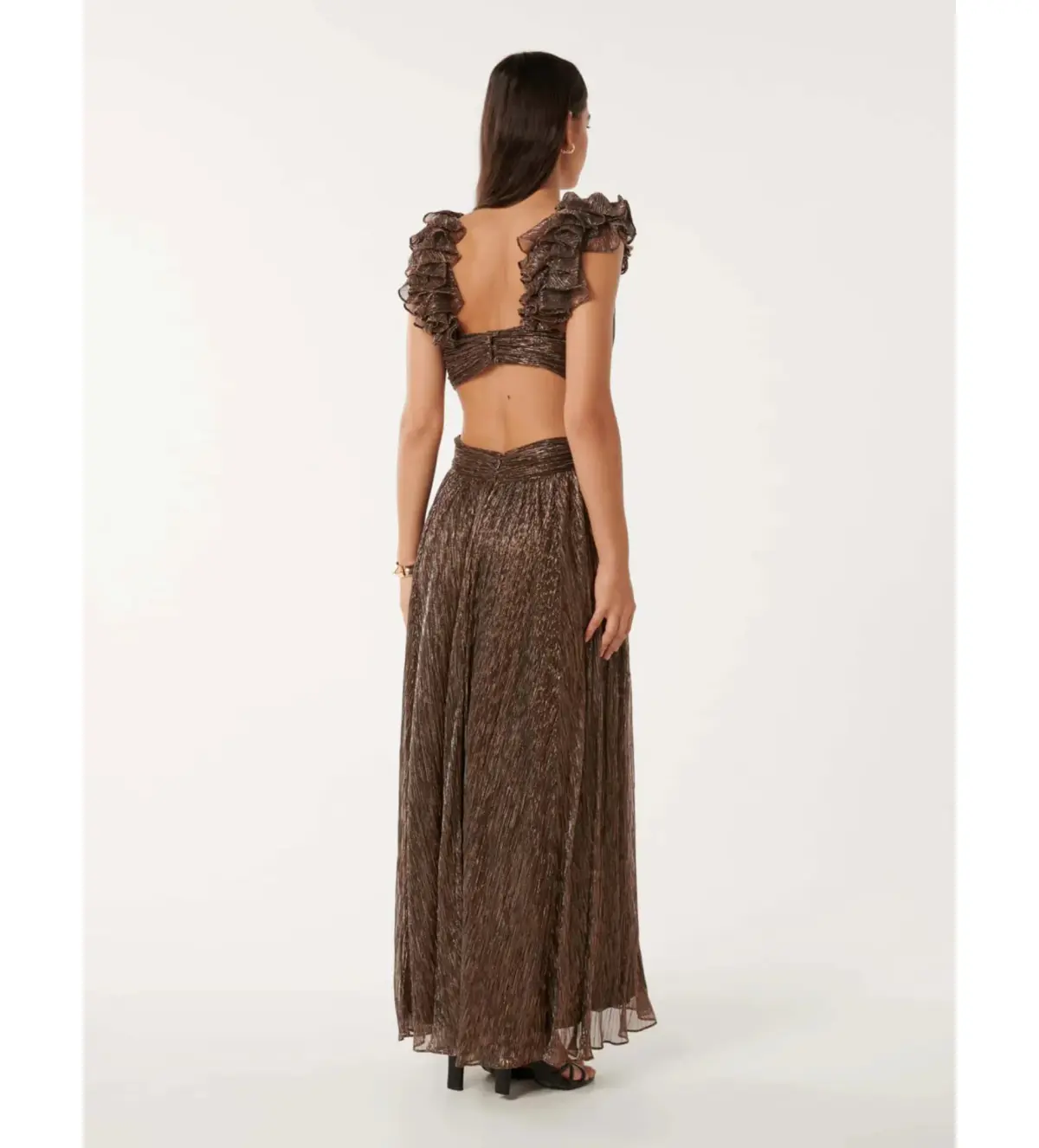 Selena Plisse Ruffle Shoulder Maxi Dress Brown Size 10  - Image 3