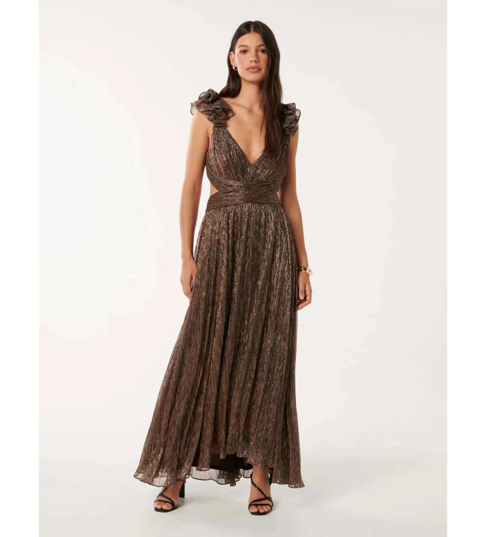 Selena Plisse Ruffle Shoulder Maxi Dress Brown Size 10  - Image 1