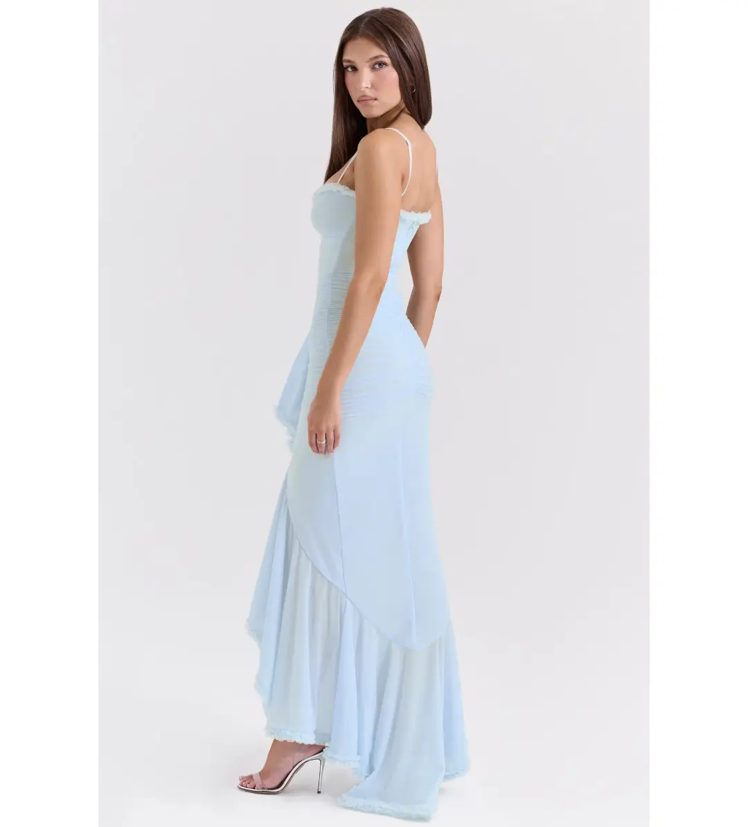 House of CB Gabbi Mesh Ruffled Front Gown Ice Blue Size XS / AU 6 for rent on The Volte - main image