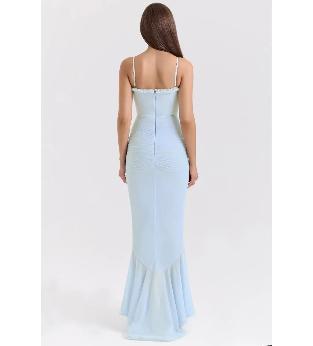 House of CB Gabbi Mesh Ruffled Front Gown Ice Blue Size XS / AU 6 for rent on The Volte - main image