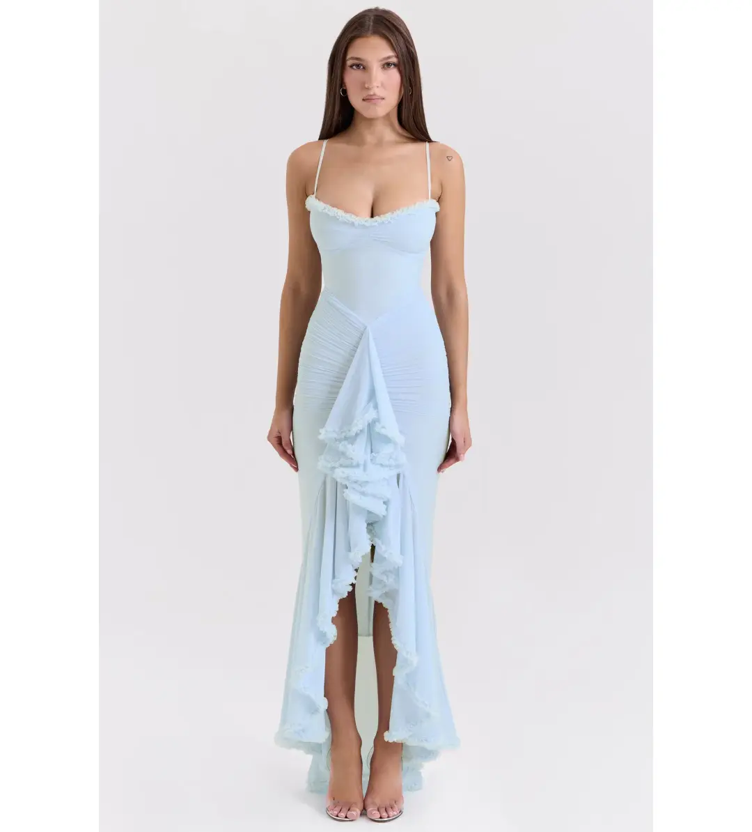 House of CB Gabbi Mesh Ruffled Front Gown Ice Blue Size XS / AU 6 for rent on The Volte - main image