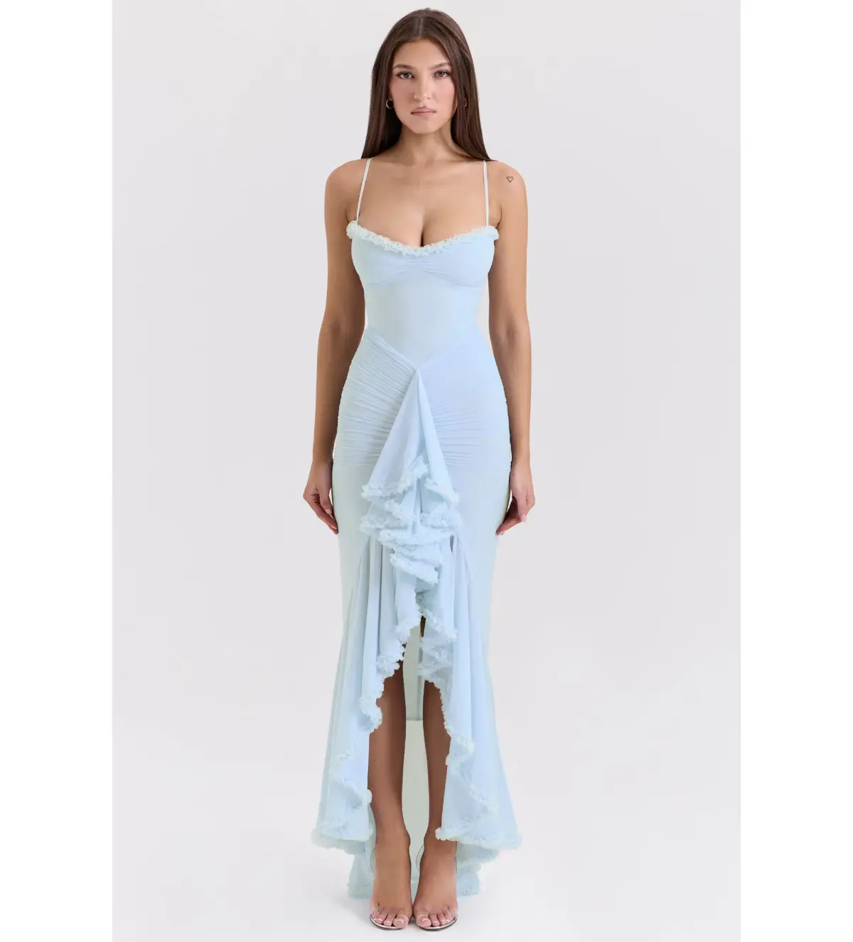 House of CB Gabbi Mesh Ruffled Front Gown Ice Blue Size XS / AU 6 - Image 1