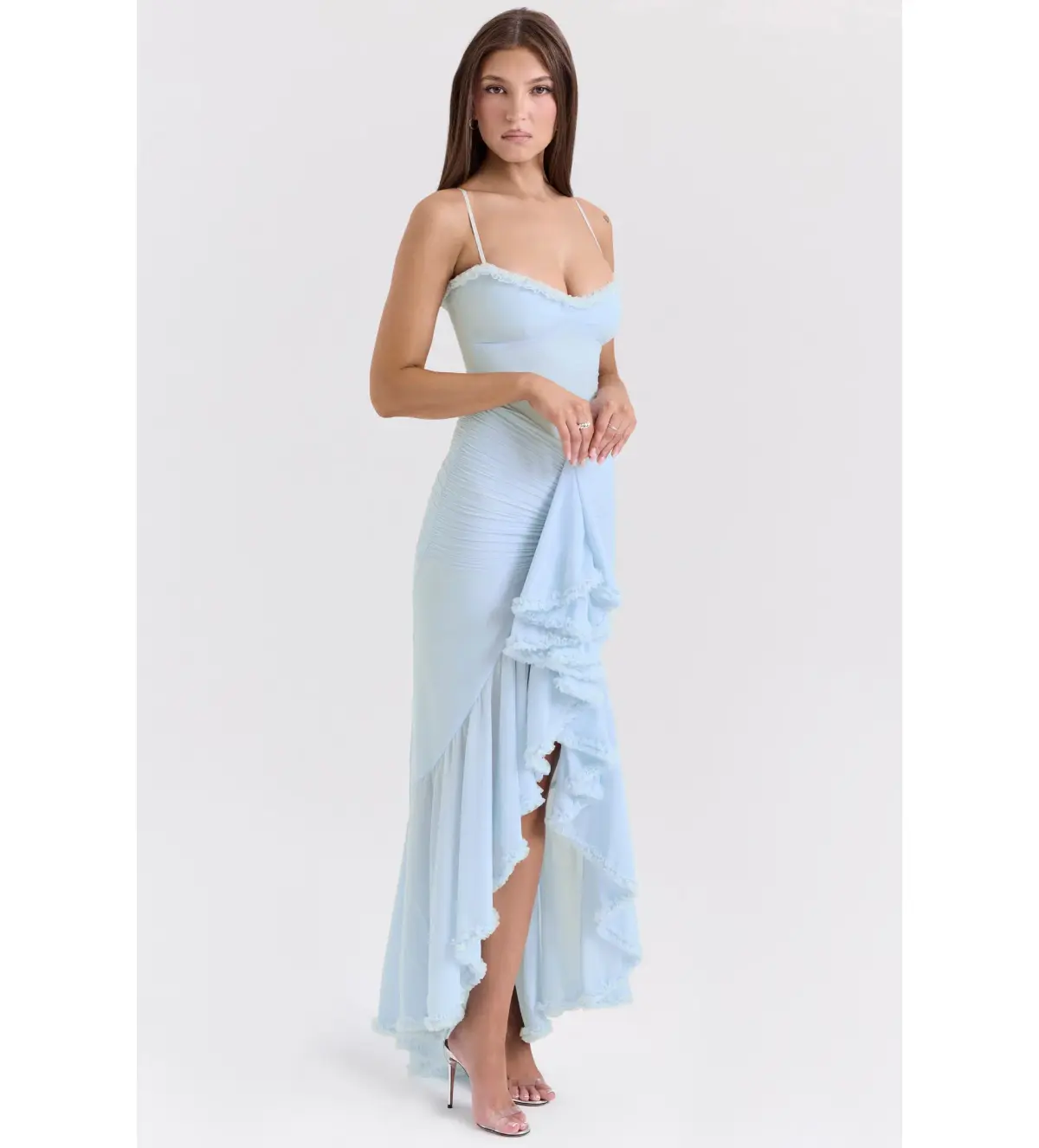 House of CB Gabbi Mesh Ruffled Front Gown Ice Blue Size XS / AU 6 - Image 2