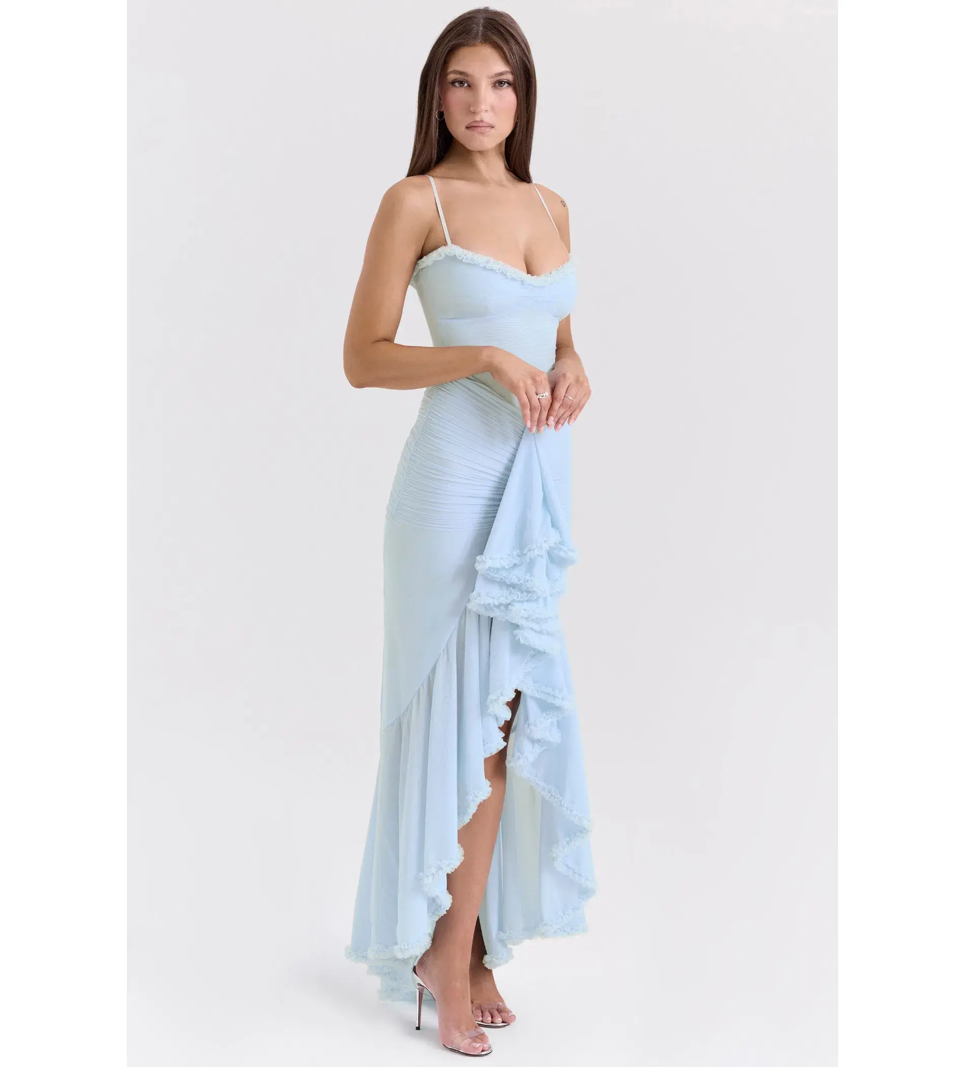 House of CB Gabbi Mesh Ruffled Front Gown Ice Blue Size XS / AU 6 - Image 2
