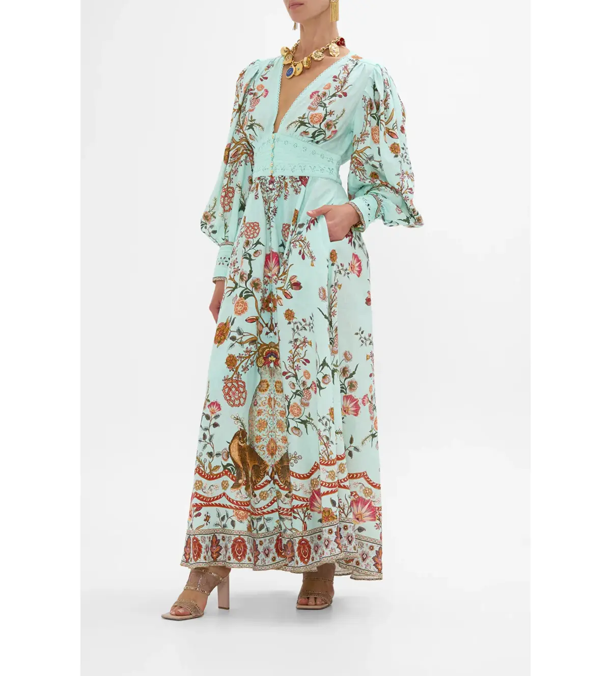 Camilla Shaped Waistband Dress in Floral Green Size AU 10 - Image 2