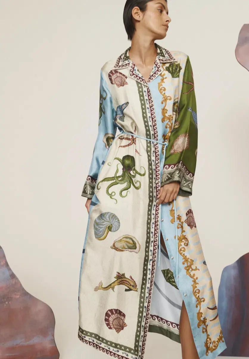 Alémais Bath House Silk Shirtdress Midi Dress Print Size 16 - Image 4