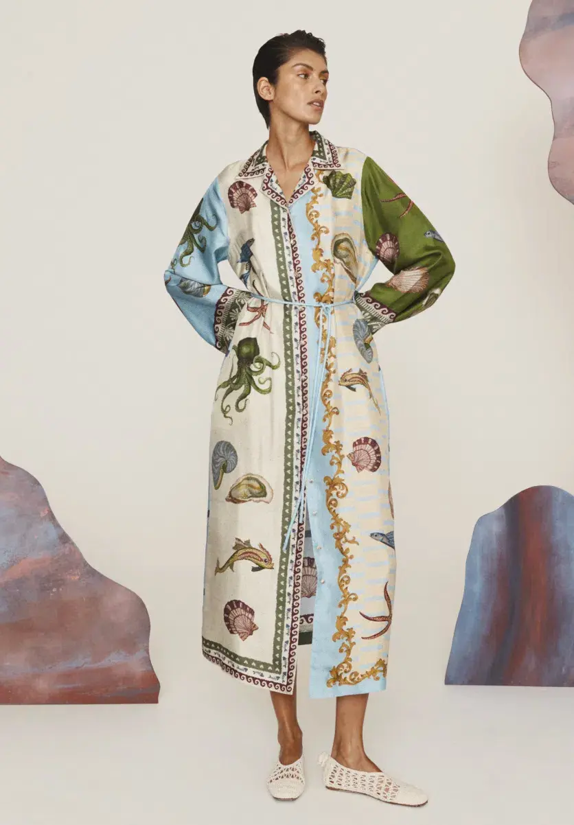 Alémais Bath House Silk Shirtdress Midi Dress Print Size 16 - Image 1