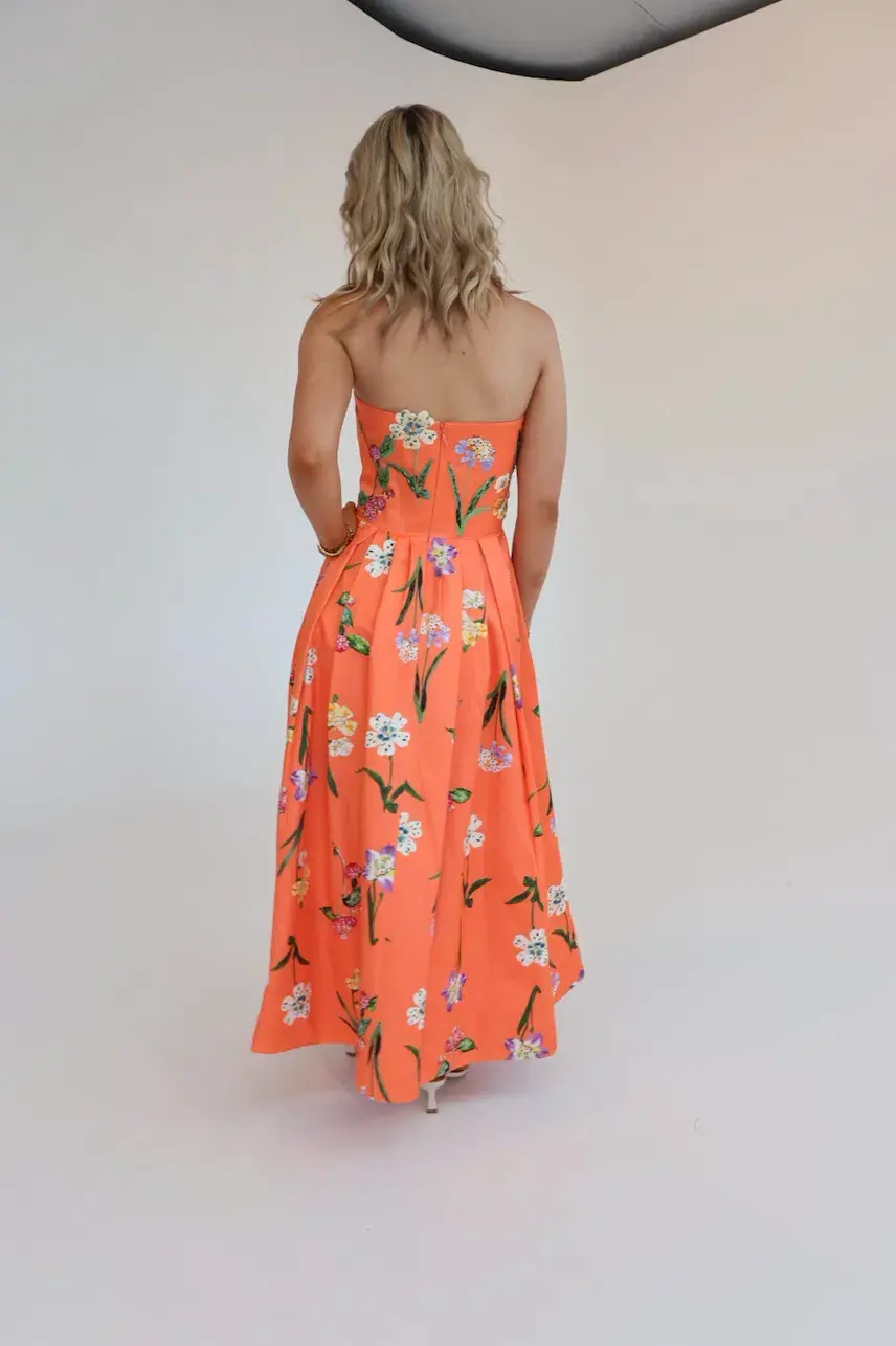 Leo Lin Lynn Bustier Midi Dress in Wild Flower in Coral Size 8 - Image 4